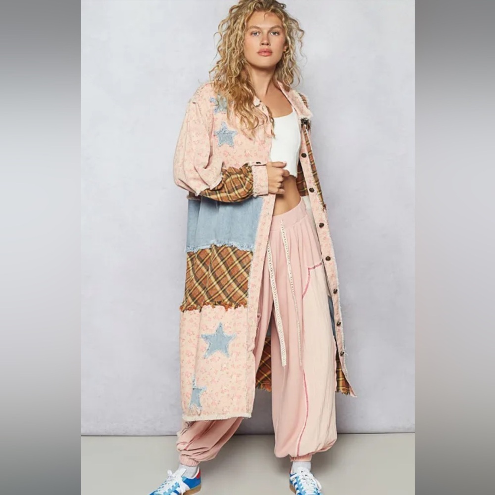 POL patchwork Star boho plaid blue pink duster shacket button down top